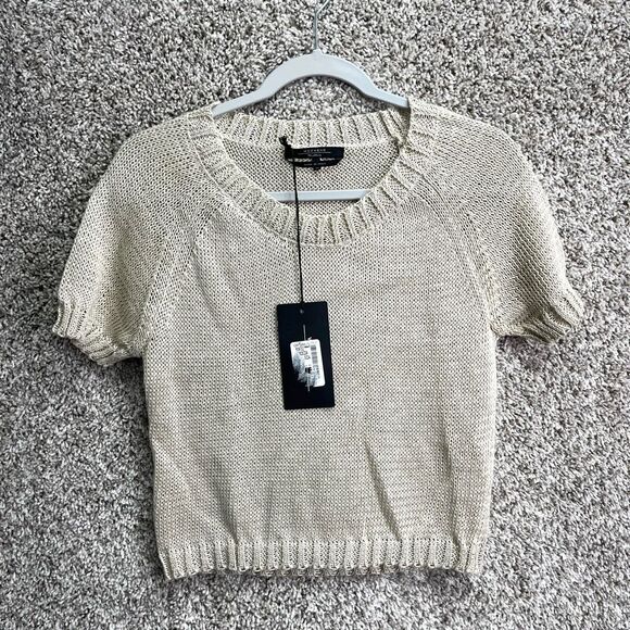 MaxMara Sweater Womens Medium Weekend Ivory Beige Tan Short Sleeve Flax Linen Kn - Picture 1 of 5